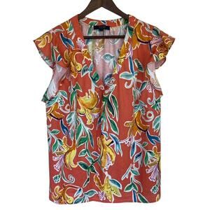 Rachel Roy Orange, Green and Yellow Floral V-Neck Top - 1x
